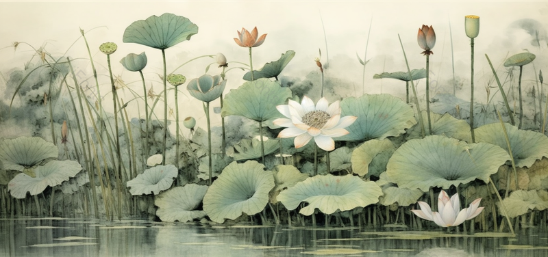 白莲花在莲藕塘里盛放水彩手绘插画,插画/手绘图,插画/手绘图库,插画/手绘图下载,插画/手绘